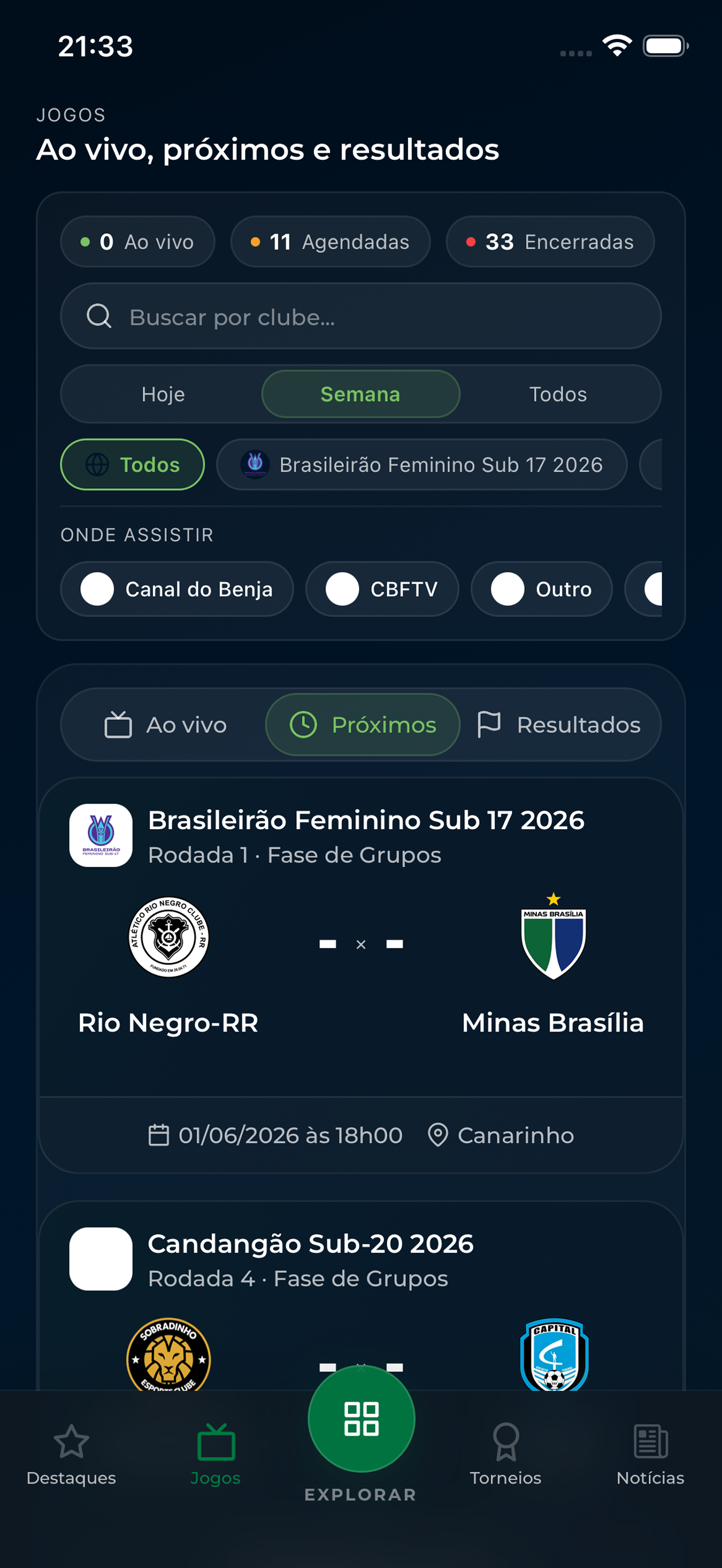 Jogos ao vivo e próximos